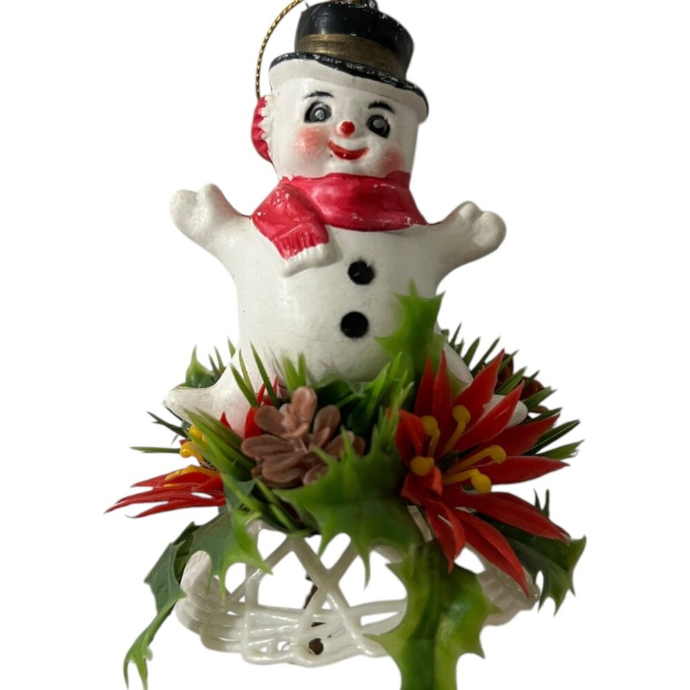 Vintage Plastic Snowman Wind Chime With Red Poinsettia & Bell Hanging Decoration